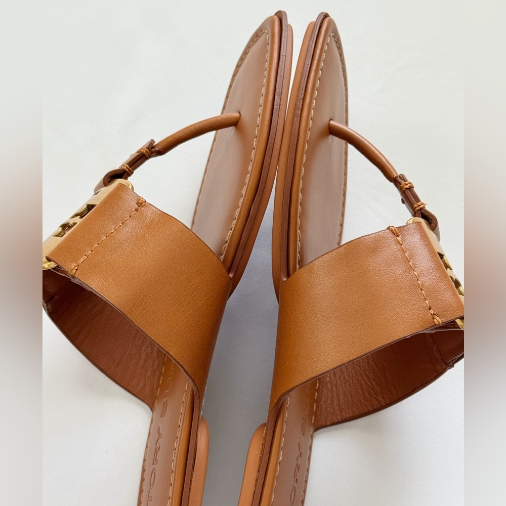 NWT Tory Burch Georgia Calf Leather Sandals, Aged Camello /Gold - Picture 10 of 16